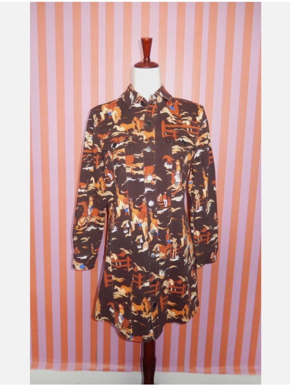 Reba Brown Denim Retro Cowboy Rodeo Shirt Dress M New